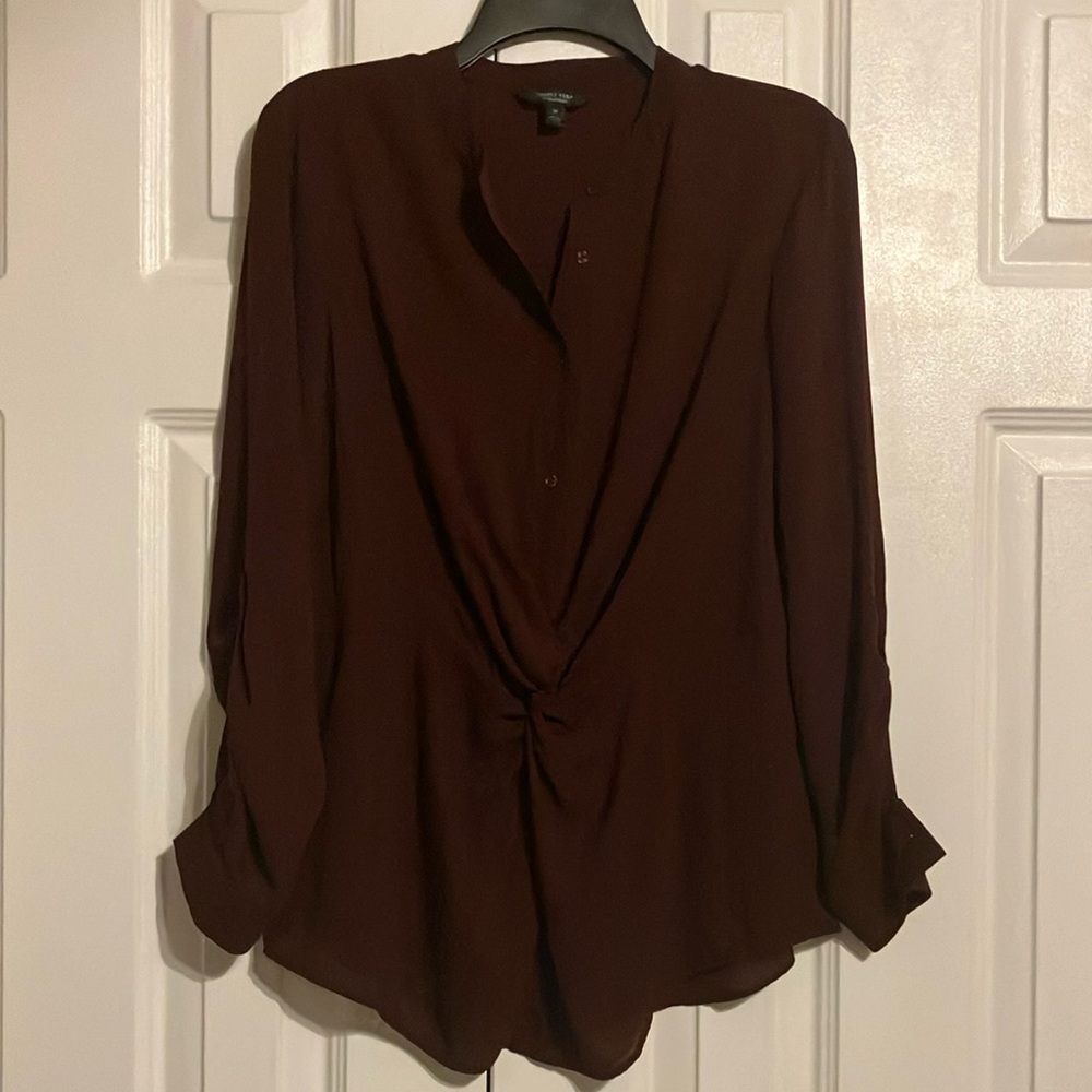 Simply Vera Vera Wang Burgandy Front Drape Mandarin Collar Blouse